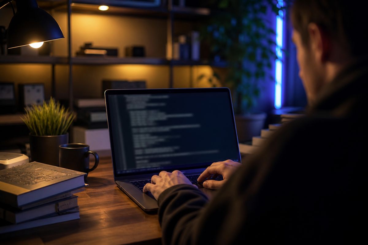 A researcher in a home office setting configuring Tor network settings on a laptop.