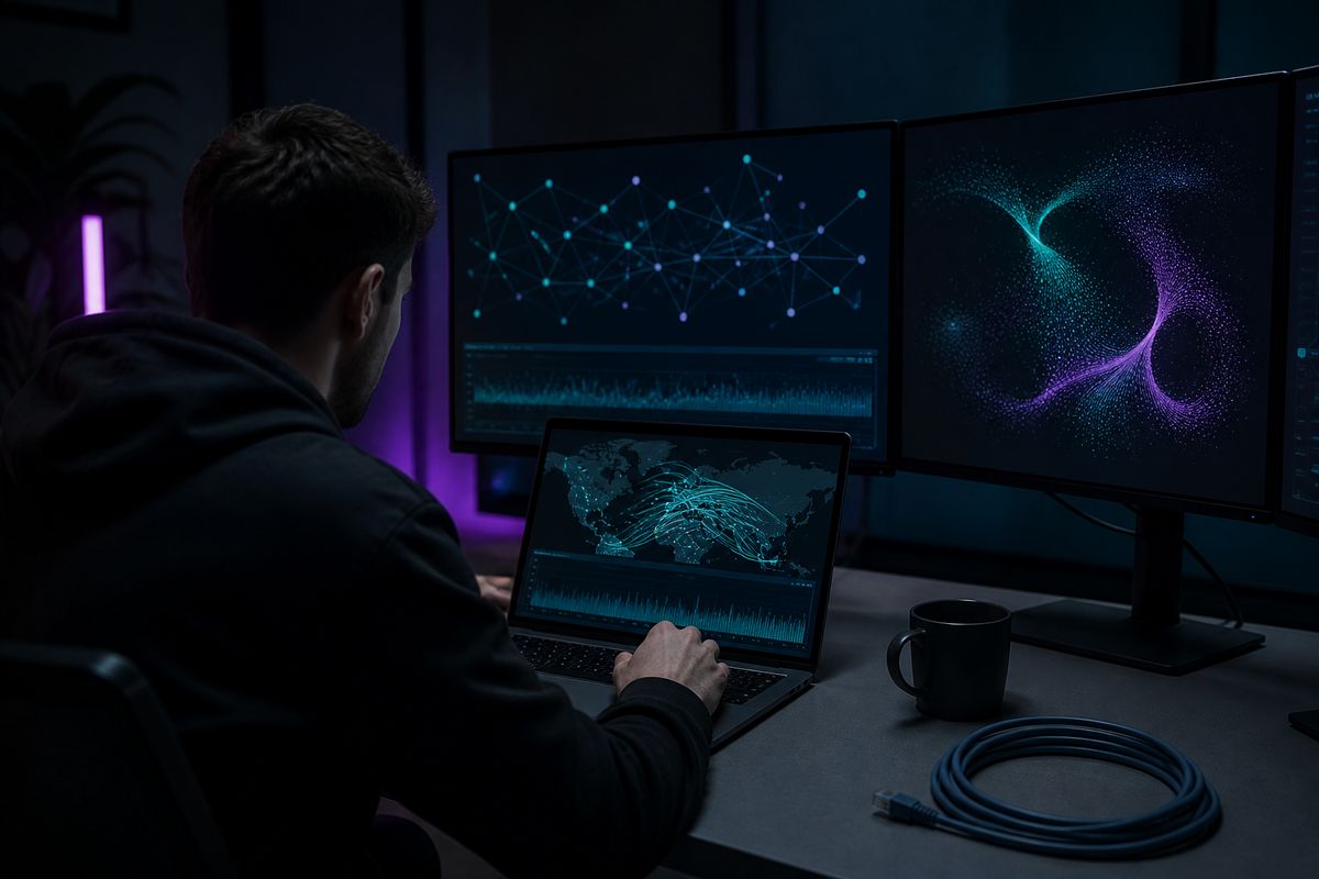 A researcher examines Tor network traffic on a laptop in a dimly lit workspace, conveying the article's focus on Tor's architecture.
