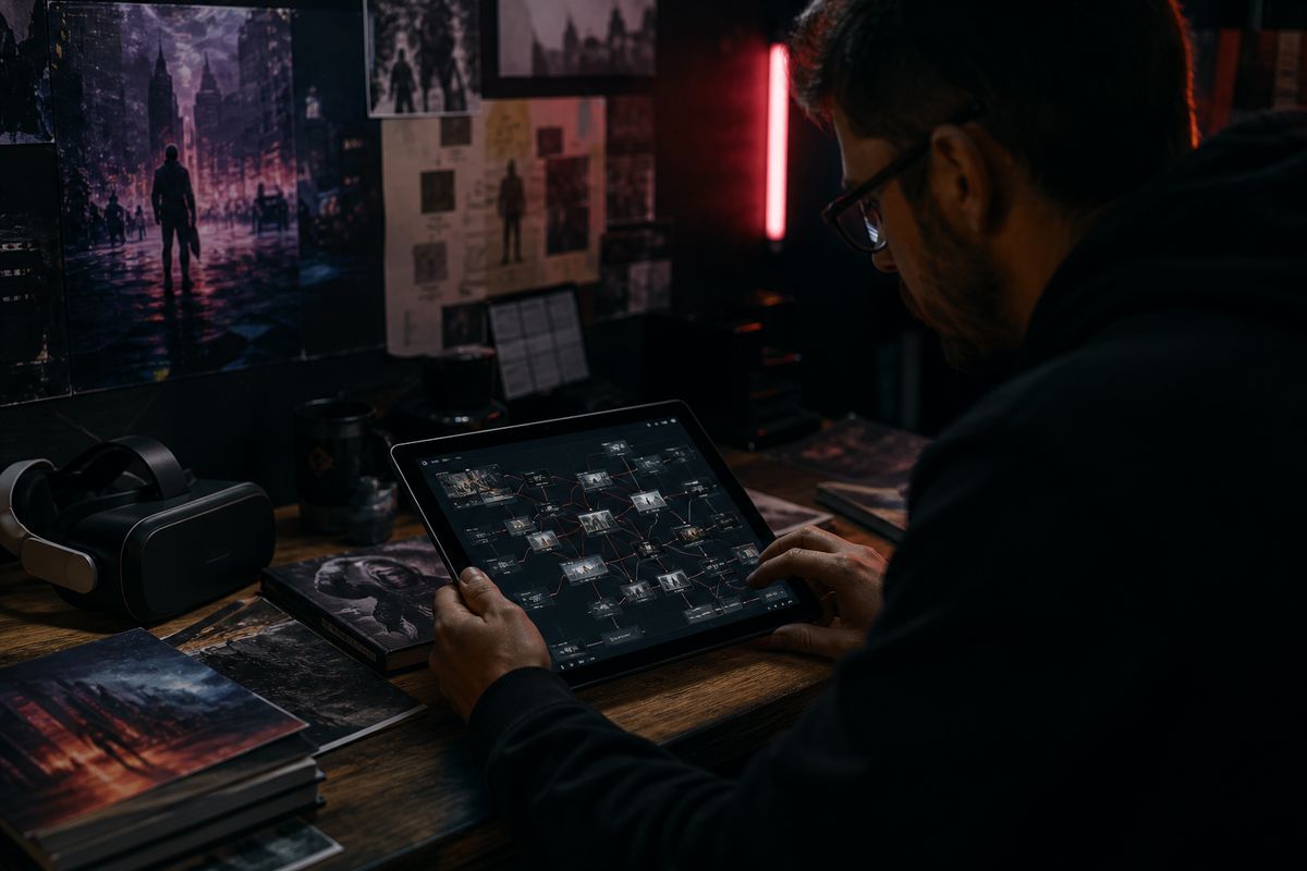 A researcher deeply focused on analyzing darknet game mechanics using a tablet in a dimly lit room.