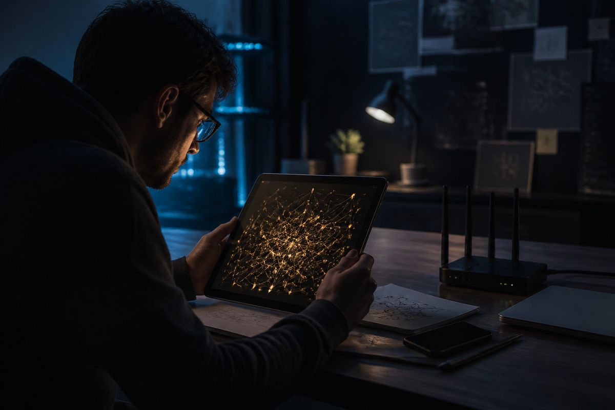 A researcher studying a darknet topology diagram on a tablet in a modern office, emphasizing hidden networks.