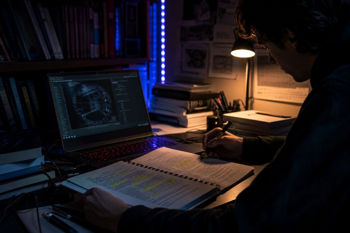 A researcher studying the Hidden Wiki directory in a dimly lit room, highlighting links on a printed document.