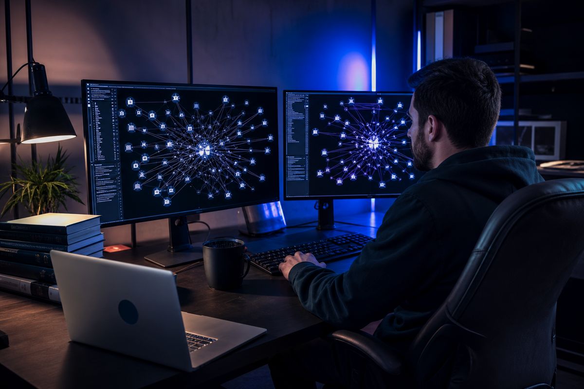 A system administrator examining the Hidden Wiki in a dimly lit modern office with neon accents.