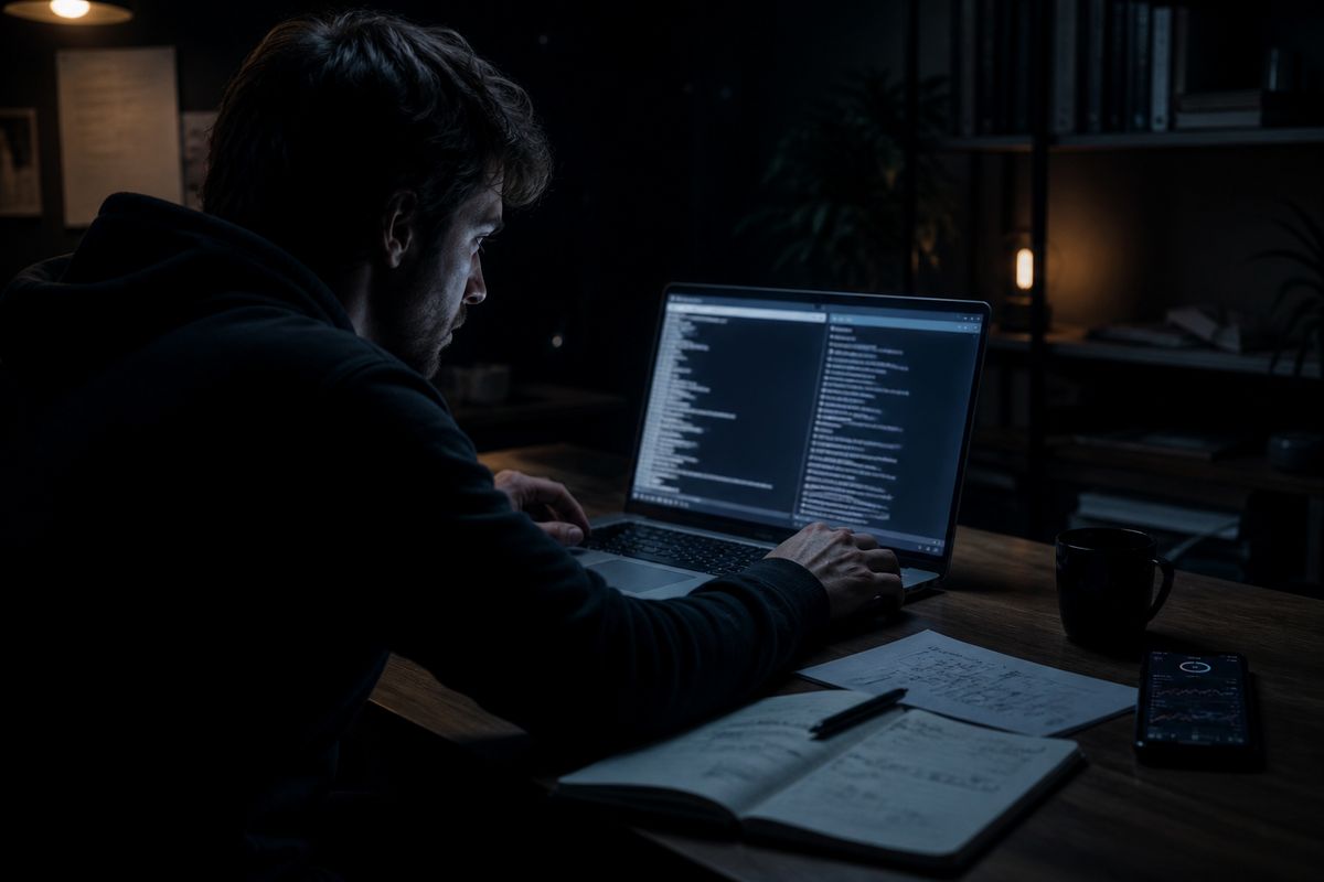 A researcher exploring the Hidden Wiki on a laptop in a dimly lit room, surrounded by notes and a smartphone.