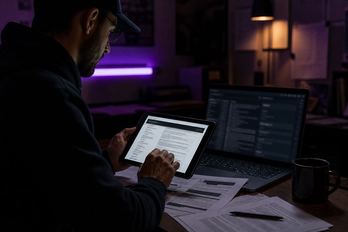 A researcher examining a Hidden Wiki directory on a tablet in a modern workspace, highlighting deep web exploration.