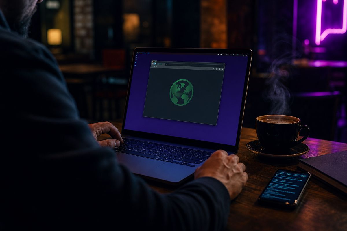 A researcher in a café using Tails OS on a laptop while exploring secure access methods to Dread forums.