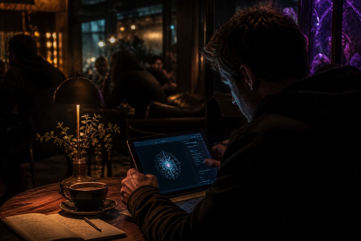 A researcher in a cafe using a tablet to explore the dark web, reflecting on privacy discussions in the Philippines.
