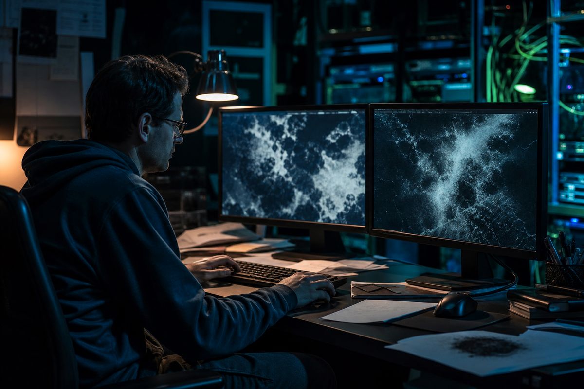 A system administrator analyzing Hidden Wiki links in a dark office with dual monitors.