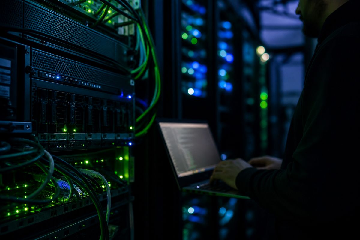 A technician setting up Tor network equipment in a server room, highlighting anonymity and security.