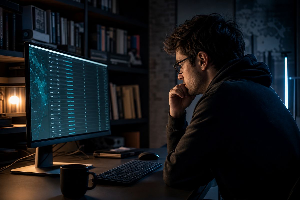 A researcher analyzing Hidden Wiki links in a tech-savvy office environment, emphasizing dark web navigation.