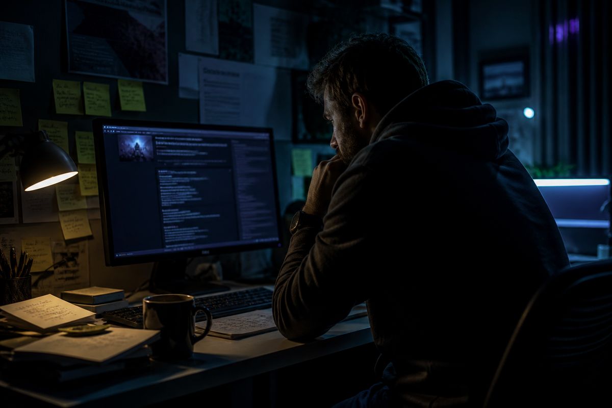 A researcher studying Hidden Wiki resources in a dark office, surrounded by notes and a glowing monitor.