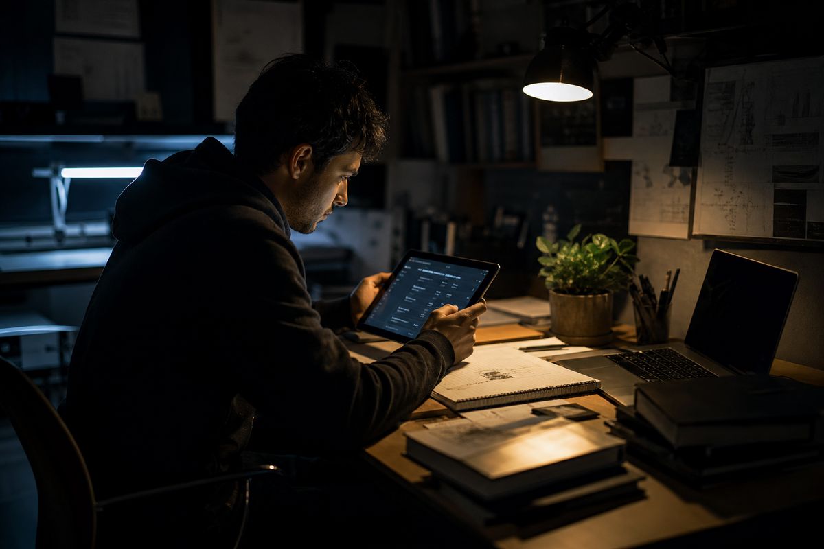 A researcher examining the Tor hidden services directory on a tablet in a dark workspace.