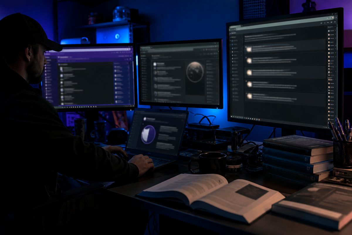 A researcher in a modern office analyzing multiple dark web directories for operational security insights.